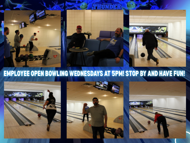 A collage of employees bowling in a bowling alley with blue lighting, featuring people throwing and preparing to bowl. Text reads: “Employee Open Bowling Wednesdays at 5PM! Stop by and have fun!”.