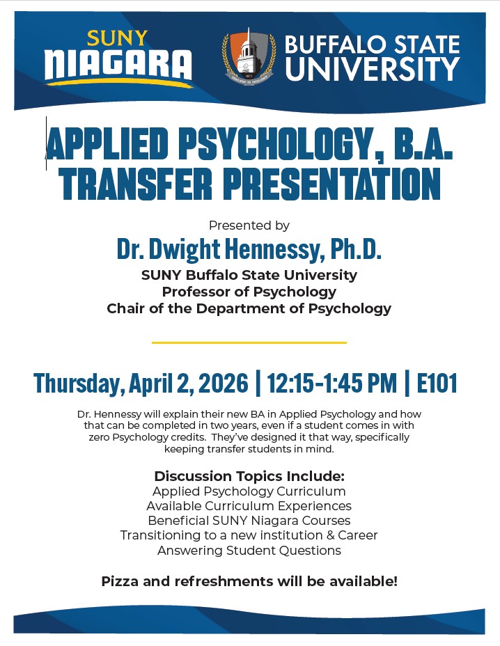 Flyer for an Applied Psychology B.A. Transfer Presentation by Dr. Dwight Hennessy at SUNY Buffalo State, on April 2, 2026, 12:15-1:45 PM, covering curriculum, careers, and transfer tips; pizza and refreshments provided.
