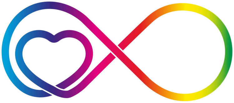 A rainbow-colored infinity symbol with one loop forming the shape of a heart on the left side. The background is white.