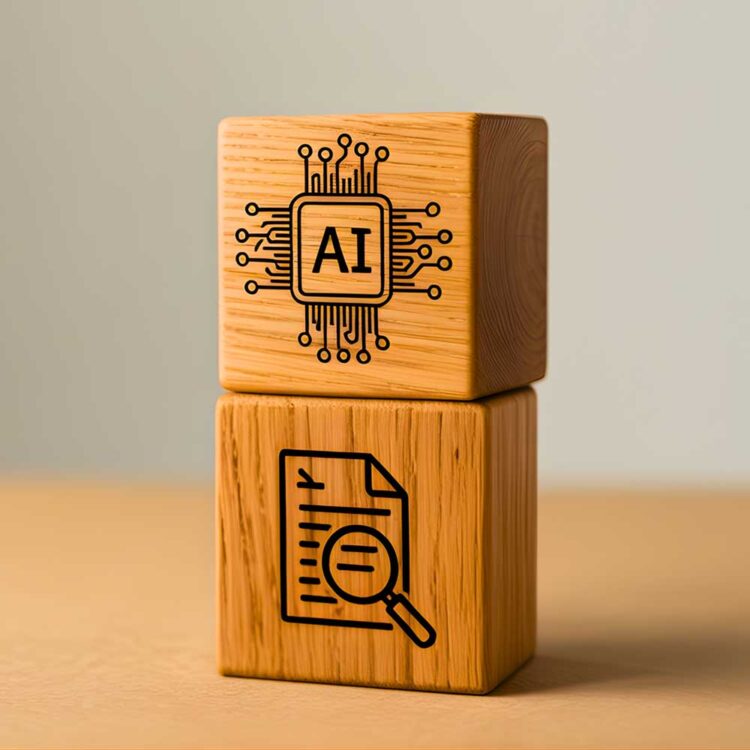 Two wooden blocks stacked on a table; the top block has an AI microchip icon, and the bottom block has an icon of a document with a magnifying glass.