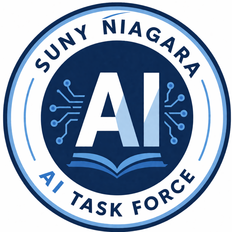 A circular logo with SUNY NIAGARA at the top and AI TASK FORCE at the bottom, featuring a large AI in the center, flanked by circuit designs, above an open book.