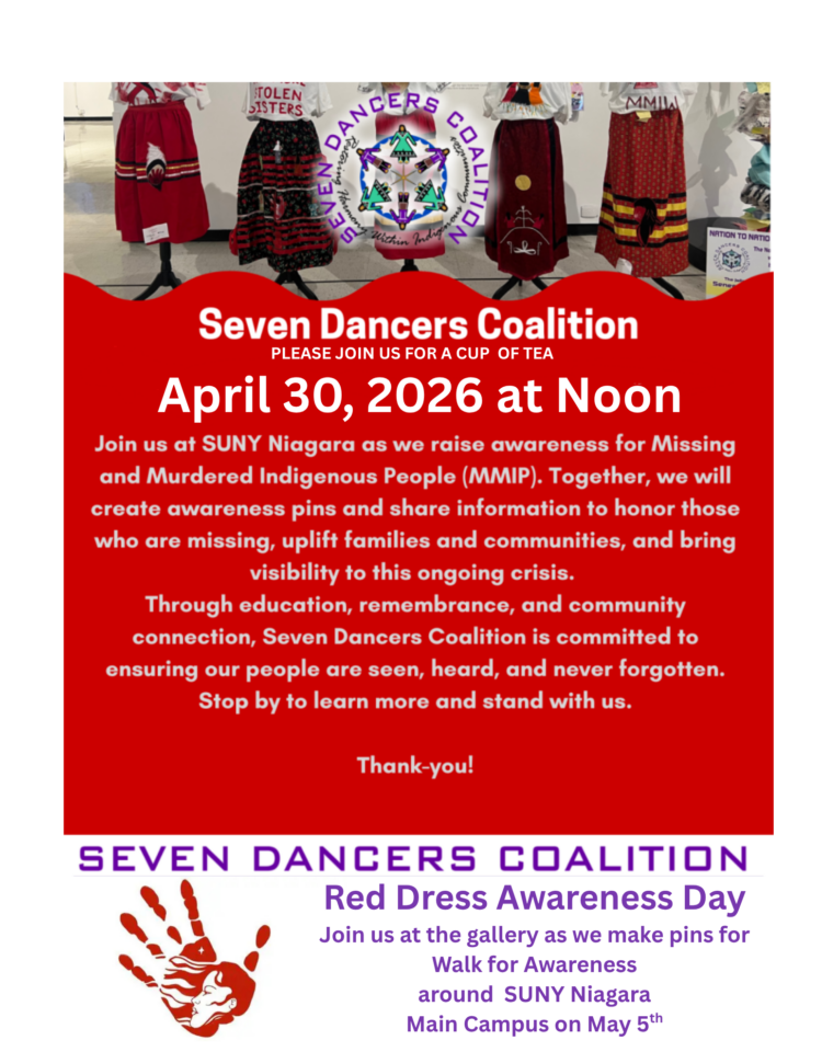 A flyer for the Seven Dancers Coalition’s Red Dress Awareness Day on April 30, 2026, at SUNY Niagara, raising awareness for Missing and Murdered Indigenous People. Includes event details, artwork, and red dresses.