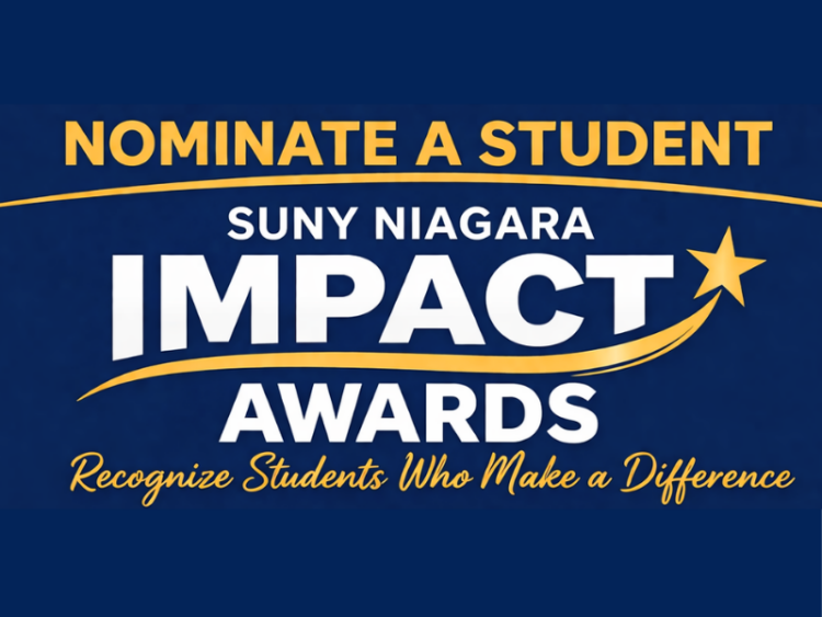 Navy blue graphic with yellow and white text: Nominate a Student - SUNY Niagara Impact Awards. Recognize Students Who Make a Difference, with a gold star accent.