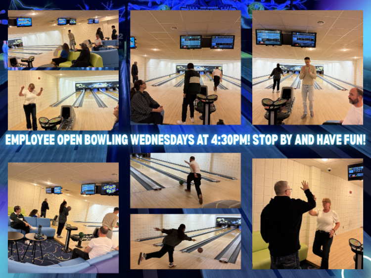 A collage shows employees bowling, chatting, and celebrating at a bowling alley. The text reads: Employee Open Bowling Wednesdays at 4:30PM! Stop by and have fun!.