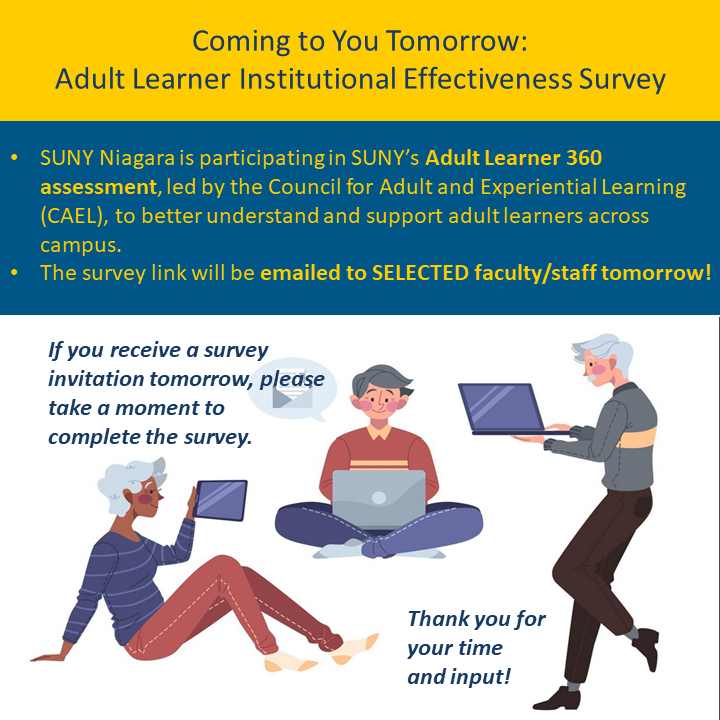 Three diverse adults sit with laptops and a tablet, surrounded by survey details about SUNY Niagaras Adult Learner 360 assessment, urging selected faculty/staff to complete the survey emailed to them tomorrow.