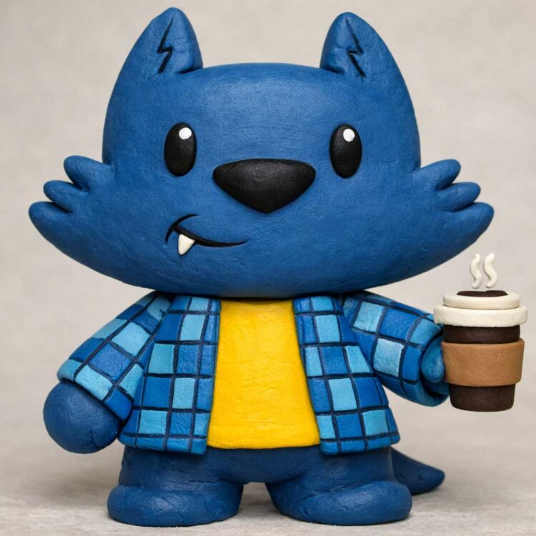 A cute blue clay cat figurine wearing a blue plaid shirt and yellow t-shirt, holding a steaming cup of coffee, stands against a plain light background.