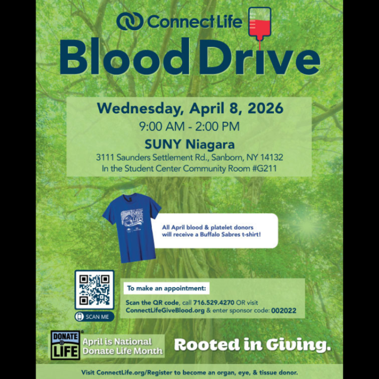 Poster for a ConnectLife Blood Drive on April 8, 2026, at SUNY Niagara, 9 AM–2 PM. Donors get a Buffalo Sabres T-shirt. Includes contact info, QR code, and mentions April is National Donate Life Month.