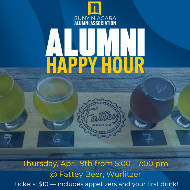 A happy hour event flyer for SUNY Niagara Alumni Association at Fattey Beer Co. Four beer glasses on a wooden tray are shown. Event is April 9th, 5–7 pm; ticket includes appetizers and first drink.
