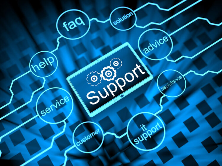 A digital illustration of a tablet displaying the word Support with gear icons, surrounded by connected circles labeled help, service, customer, FAQ, solution, advice, assistance, and IT support.