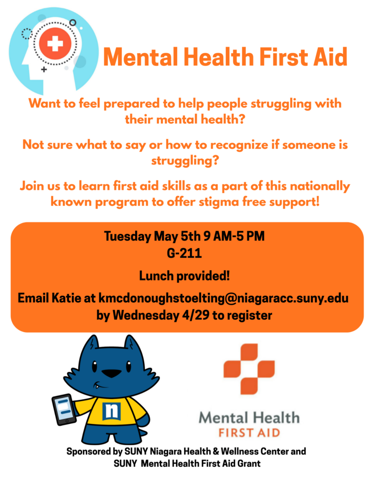 Flyer for a Mental Health First Aid event with text details, a cartoon character in a blue suit, and a medical cross symbol. Includes date, location, contact email, lunch info, and registration deadline.
