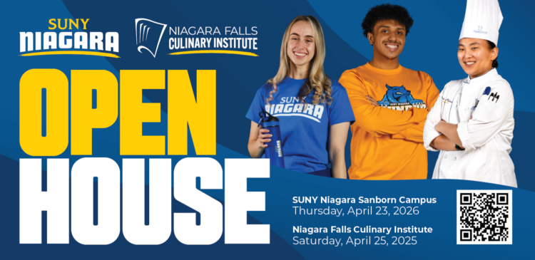 SUNY Niagara and Niagara Falls Culinary Institute Open House promotes events on April 23–25, 2026, featuring three smiling students in school apparel and chef uniform, with a QR code for more information.