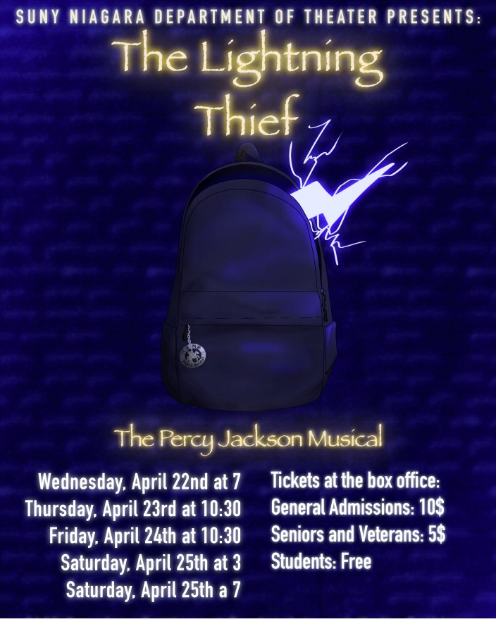 A poster for The Lightning Thief: The Percy Jackson Musical shows a glowing navy backpack with a lightning bolt behind it. Below are show dates, times, and ticket prices, with information about general, senior, and student admission.
