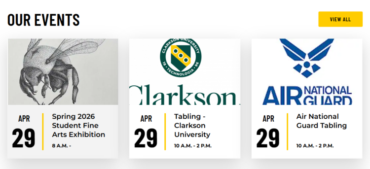 Three event cards display April 29 happenings: a Spring 2026 Student Fine Arts Exhibition, Clarkson University tabling, and Air National Guard tabling, with times listed below each event. View All button is at top right.