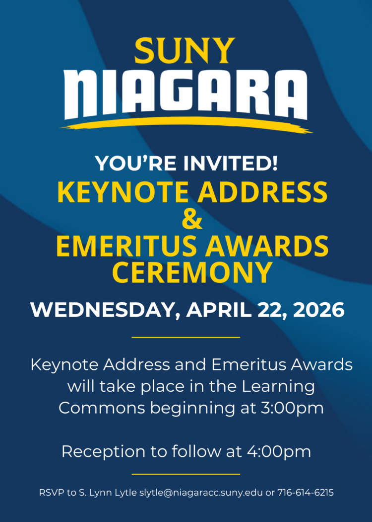 Invitation flyer for SUNY Niagara’s Keynote Address & Emeritus Awards Ceremony on April 22, 2026, at 3:00pm in the Learning Commons, with a reception at 4:00pm. Contact info for RSVP at the bottom.