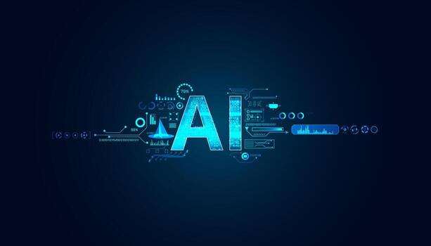 The image features the glowing letters AI in the center, surrounded by abstract, futuristic digital circuit patterns and data graphics on a dark blue background, symbolizing artificial intelligence technology.