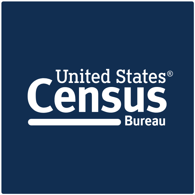 United States Census Bureau logo with white text on a navy blue background. The words United States Census Bureau are centered, with Census in large bold letters and Bureau below a horizontal white line.