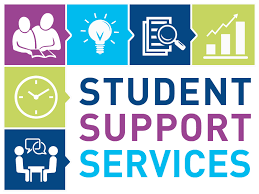 Graphic with icons of students, a lightbulb, checklist, graph, clock, and a conversation. Text reads “Student Support Services” in blue and purple letters.
