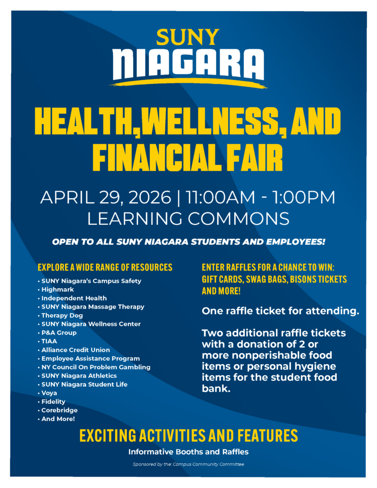 Flyer for the SUNY Niagara Health, Wellness, and Financial Fair on April 29, 2026, from 11 AM to 1 PM. Lists event details, resources, raffle prizes, and encourages donations for the student food bank.