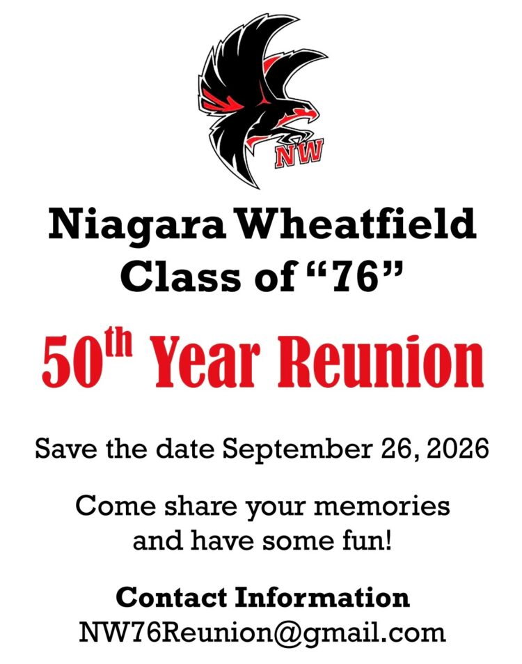 Flyer with a black and red hawk logo and text: Niagara Wheatfield Class of 76 50th Year Reunion. Save the date September 26, 2026. Come share your memories and have some fun! Contact: NW76Reunion@gmail.com.