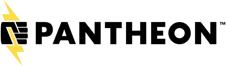 The Pantheon logo features black bold text reading PANTHEON next to a stylized letter P and E with a yellow lightning bolt behind them, all on a white background.