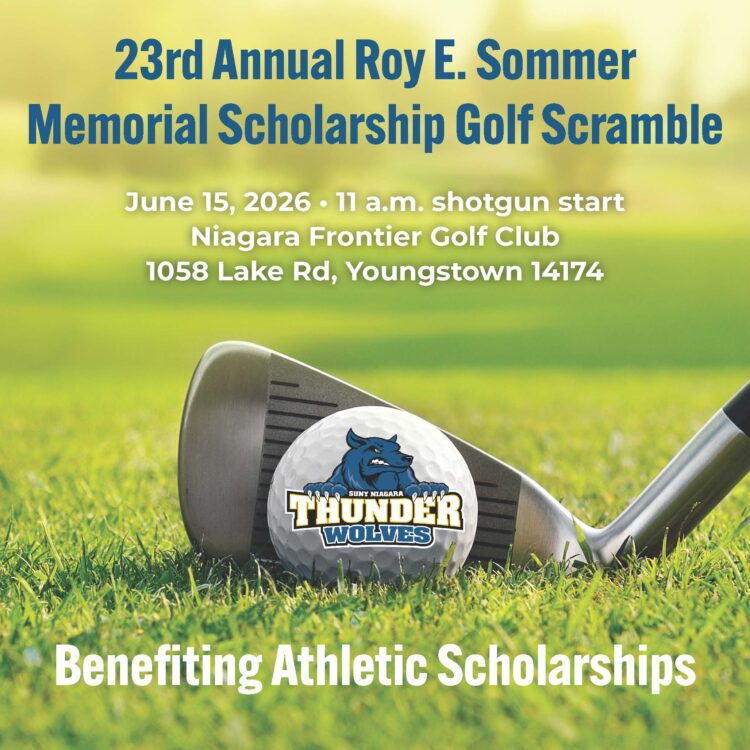 Golf club and ball bearing the “Thunder Wolves” logo on grass. Text announces the 23rd Annual Roy E. Sommer Memorial Scholarship Golf Scramble on June 15, 2026, at Niagara Frontier Golf Club, benefiting athletic scholarships.