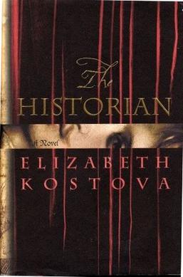 Book cover for The Historian by Elizabeth Kostova, featuring dark, red vertical lines and partial images of eyes in the background, with the title and author’s name in gold and red text.