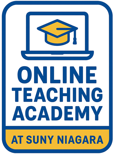 Logo for the Online Teaching Academy at SUNY Niagara, featuring a laptop with a graduation cap on the screen above the academy’s name in bold blue text and a gold banner at the bottom.