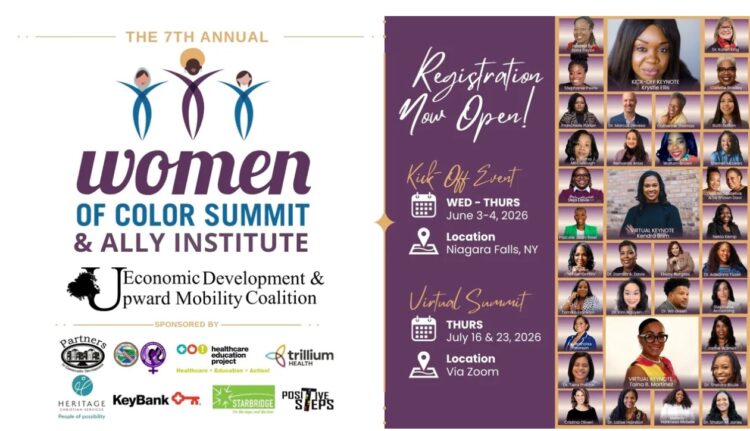 Promotional flyer for the 7th Annual Women of Color Summit & Ally Institute. Includes event dates, sponsors, Niagara Falls location, Zoom details, and a grid of diverse women speakers. Registration information is highlighted.