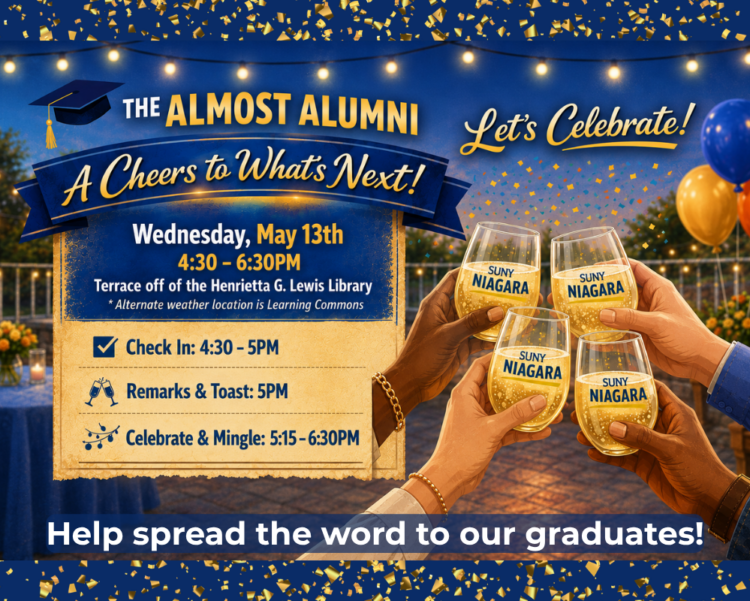 Four people clink glasses of sparkling drinks labeled SUNY Niagara at an outdoor celebration. Text details an Almost Alumni event on May 13th, with a schedule of activities and an invitation to celebrate graduates.