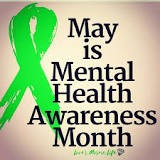 A large green ribbon is shown next to bold black text that reads, May is Mental Health Awareness Month.