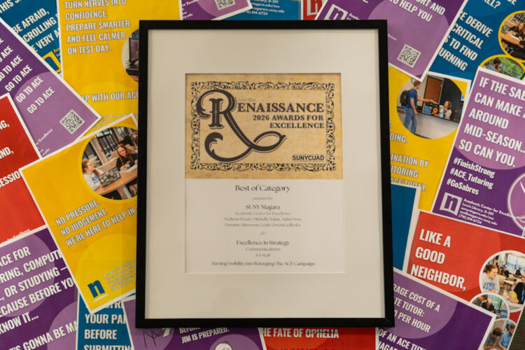 A framed Renaissance 2026 Awards for Excellence certificate for SUNY Niagara rests on a colorful background of motivational posters with various positive messages.