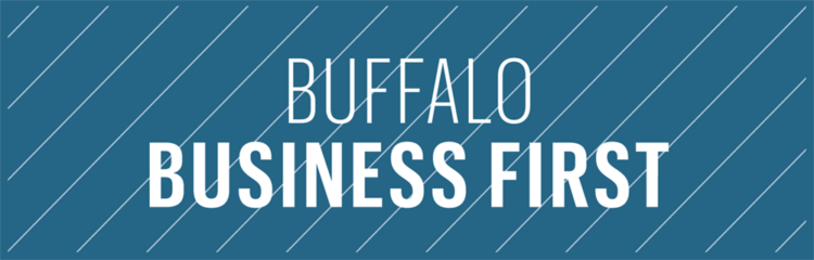Blue rectangular graphic with diagonal white lines and bold white text that reads BUFFALO BUSINESS FIRST.