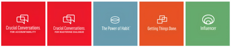 Five colored panels display course titles with icons: Crucial Conversations for Accountability (red), Crucial Conversations for Mastering Dialogue (red), The Power of Habit (blue), Getting Things Done (orange), and Influencer (green).