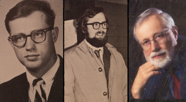 A triptych of the same man at different ages: young with glasses and a suit, middle-aged with glasses, a beard, and a coat, and older with white hair, a beard, and glasses, posing with his hand under his chin.