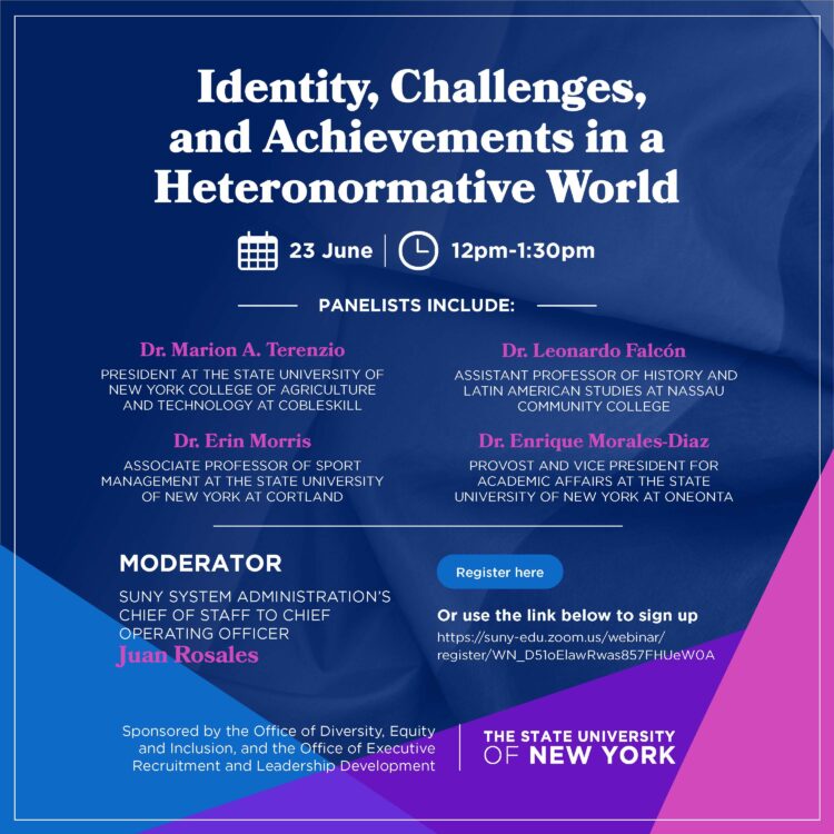 Event flyer titled Identity, Challenges, and Achievements in a Heteronormative World listing panelists, moderator, date, time, and registration info, with the SUNY logo and a purple and blue gradient background.