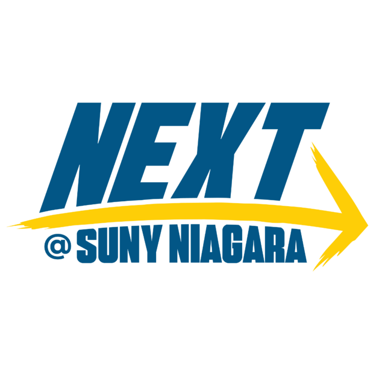 Blue text reading NEXT @ SUNY NIAGARA with a bold yellow arrow swooping under NEXT and pointing right, on a white background.