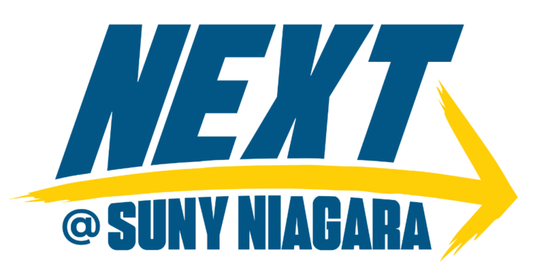 Blue text reading NEXT @ SUNY NIAGARA with a bold yellow arrow swooping under NEXT and pointing right, on a white background.