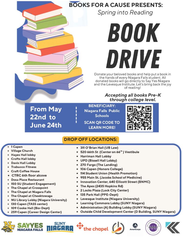 Flyer for a book drive, featuring a stack of colorful books on the left. Details include dates (May 22–June 24), drop-off locations, a QR code, and logos for participating organizations at the bottom.