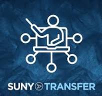 White line drawing of a person pointing at a board, surrounded by connected circles, over a blue textured background. Text at the bottom reads SUNY TRANSFER with a play button icon between the words.