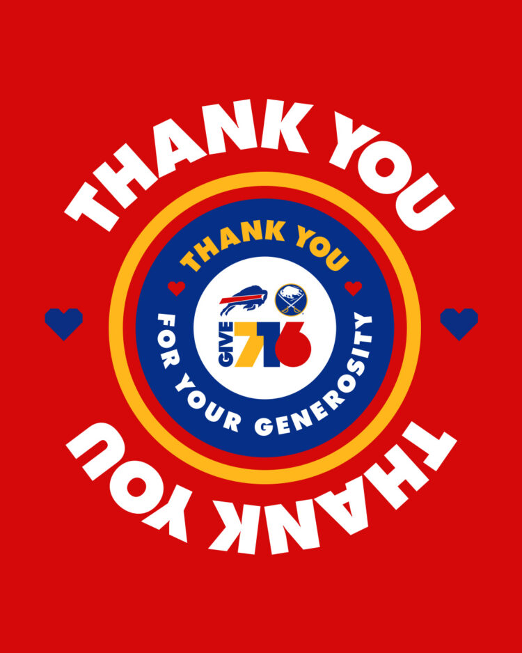 Red graphic with “THANK YOU” in bold white letters, a blue circle with sports logos, “716 GIVE,” and “THANK YOU FOR YOUR GENEROSITY” in yellow and white. Two blue hearts are on either side.