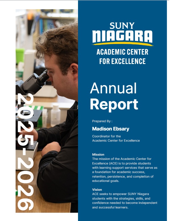 A person looks into a microscope in a lab. On the right, SUNY Niagara Academic Center for Excellence Annual Report 2025-2026 is shown, along with a mission and vision statement.