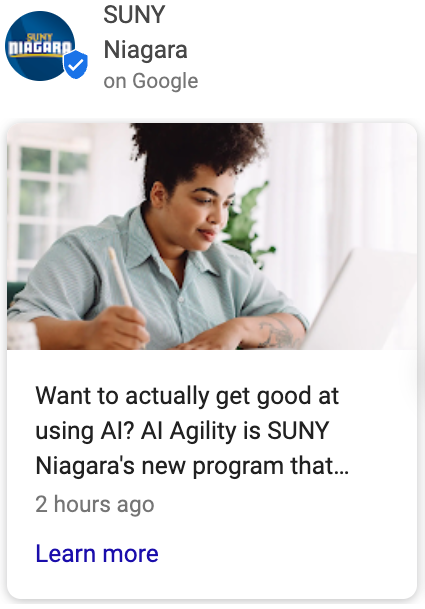A person with curly hair works on a laptop at a desk by a window. Text below promotes SUNY Niagara’s new AI Agility program, inviting users to learn more.