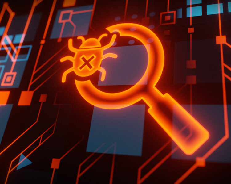 A glowing magnifying glass with a bug icon and an X inside it appears over a digital, circuit-like background, symbolizing cybersecurity or malware detection.