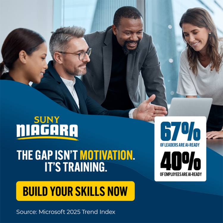 Four diverse professionals gather around a laptop, discussing and smiling. Text highlights AI readiness statistics for leaders and employees, and promotes skill-building through training at SUNY Niagara.