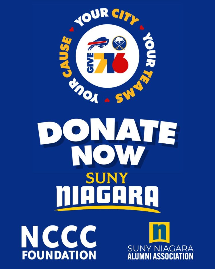 Blue poster with Buffalo Bills and Sabres logos, Give 716, and Donate Now. Includes SUNY Niagara, NCCC Foundation, and SUNY Niagara Alumni Association logos and the phrase Your City, Your Team, Your Cause.