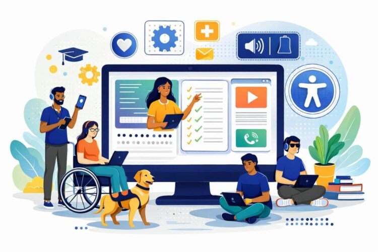 Four diverse people, including one in a wheelchair and one with a guide dog, use laptops and phones around a large computer screen displaying accessible technology icons. Plants and books are in the background.