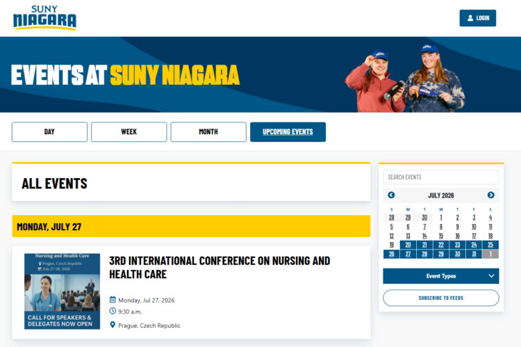 SUNY Niagara events page displays the 3rd International Conference on Nursing and Health Care, scheduled for July 27, 2026, in Prague, Czech Republic. A calendar and event search options appear on the right.