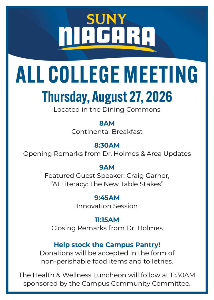 A SUNY Niagara all-college meeting agenda for August 27, 2026, listing breakfast, remarks, a guest speaker, an innovation session, closing remarks, and campus pantry donation info, with a luncheon at 11:30 AM.