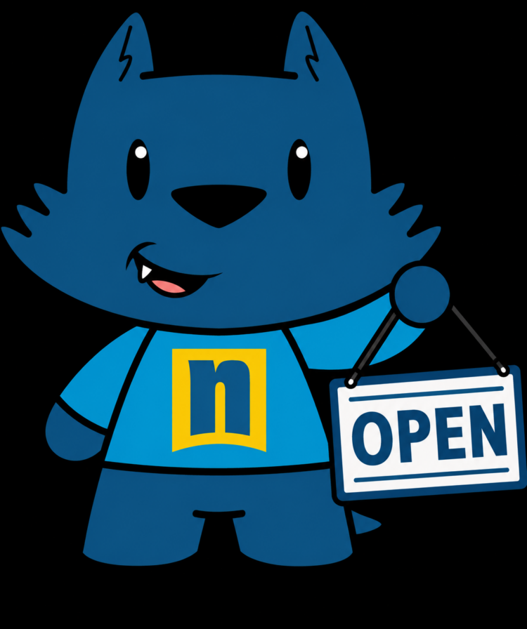 A blue cartoon animal wearing a blue shirt with a yellow n holds a sign that says OPEN and smiles with one tooth showing.