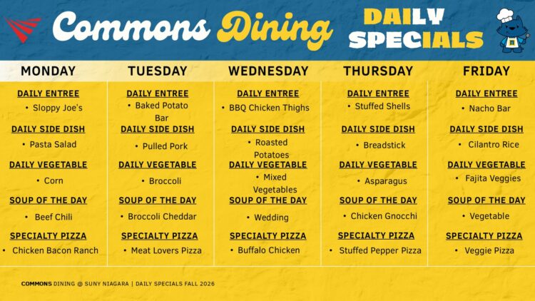 Weekly dining specials menu with daily entrees, side dishes, vegetables, soup, and specialty pizza options for Monday through Friday, on a yellow and blue background with cartoon mascots.